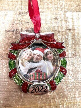 Holiday 2022 Wreath Ornament With Red Ribbon & Photo Insert By Harvey Lewis